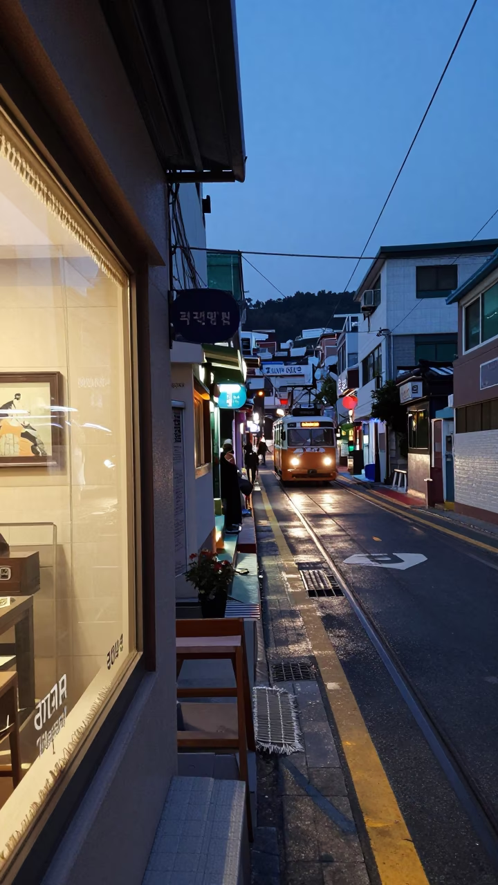 Busan Twilight Street Scene with Linen Fringe and Tramway View in in Busan, South Korea