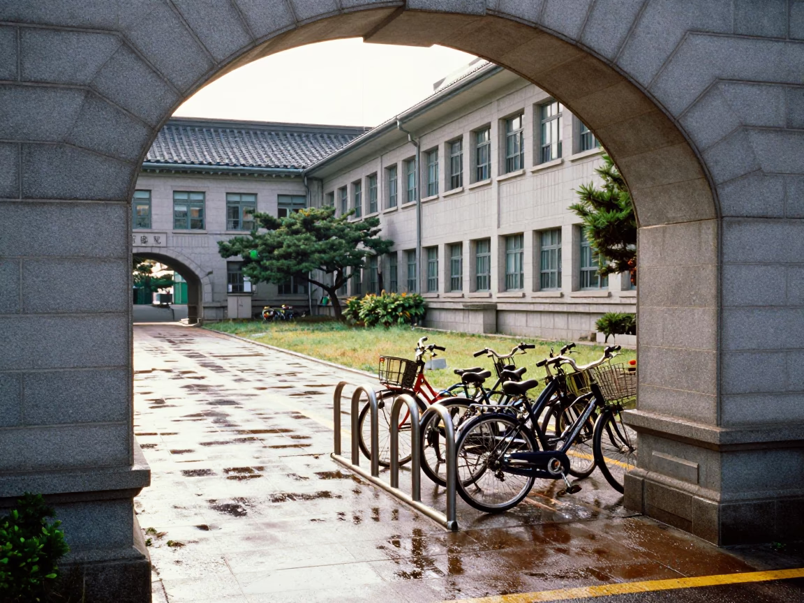 Busan University Archway Framing Wet Bicycle Rack in Bright Midmorning Light in in Busan, South Korea