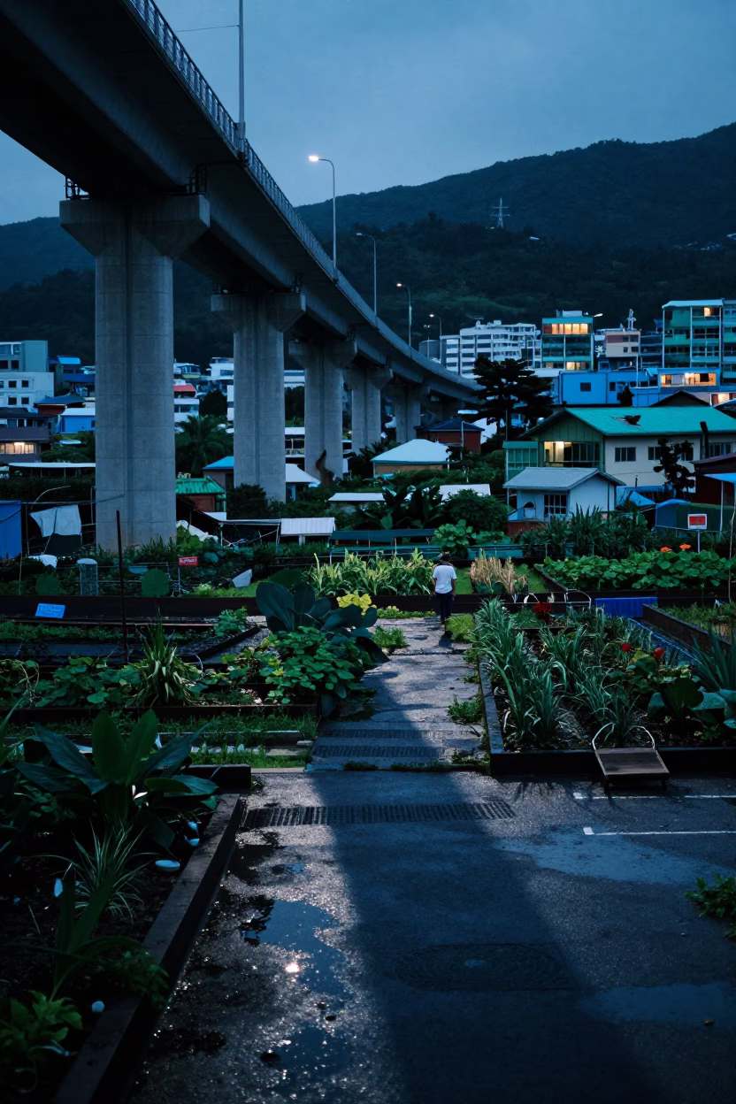 Busan Viaduct Shadow Across Rain-Washed Allotment Gardens at Indigo Twilight in in Busan, South Korea