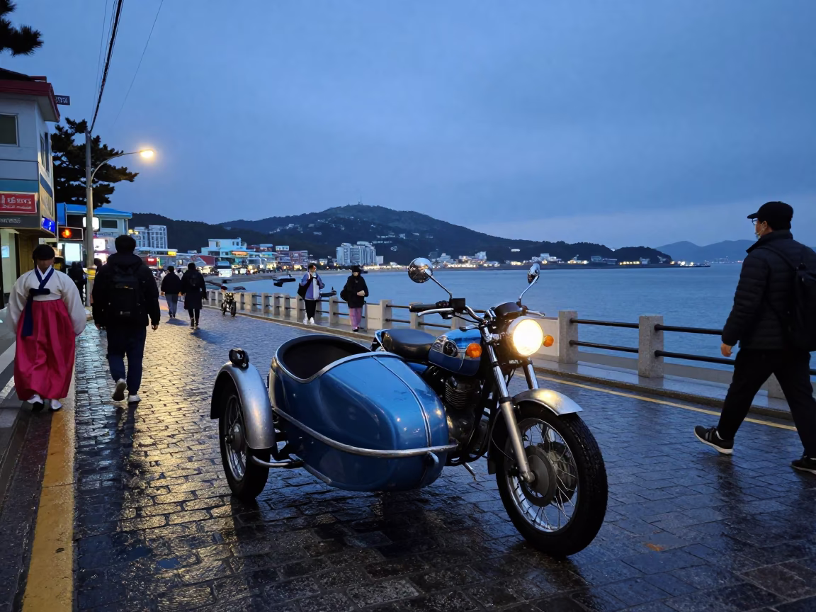 Busan Vintage Motorcycle at Nautical Dawn Light in in Busan, South Korea