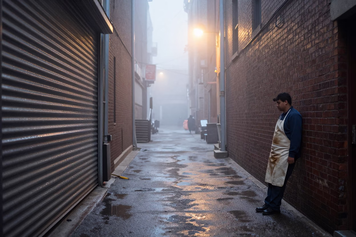 Busboy at Dawn Light in in Chicago, Illinois, United States