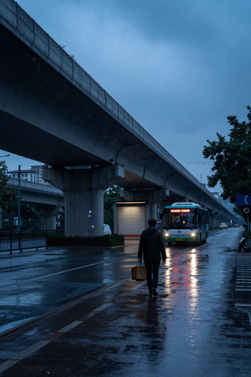 Busker Corner Under Lanzhou Overpass Rain in along a shuttered arcade in Lanzhou