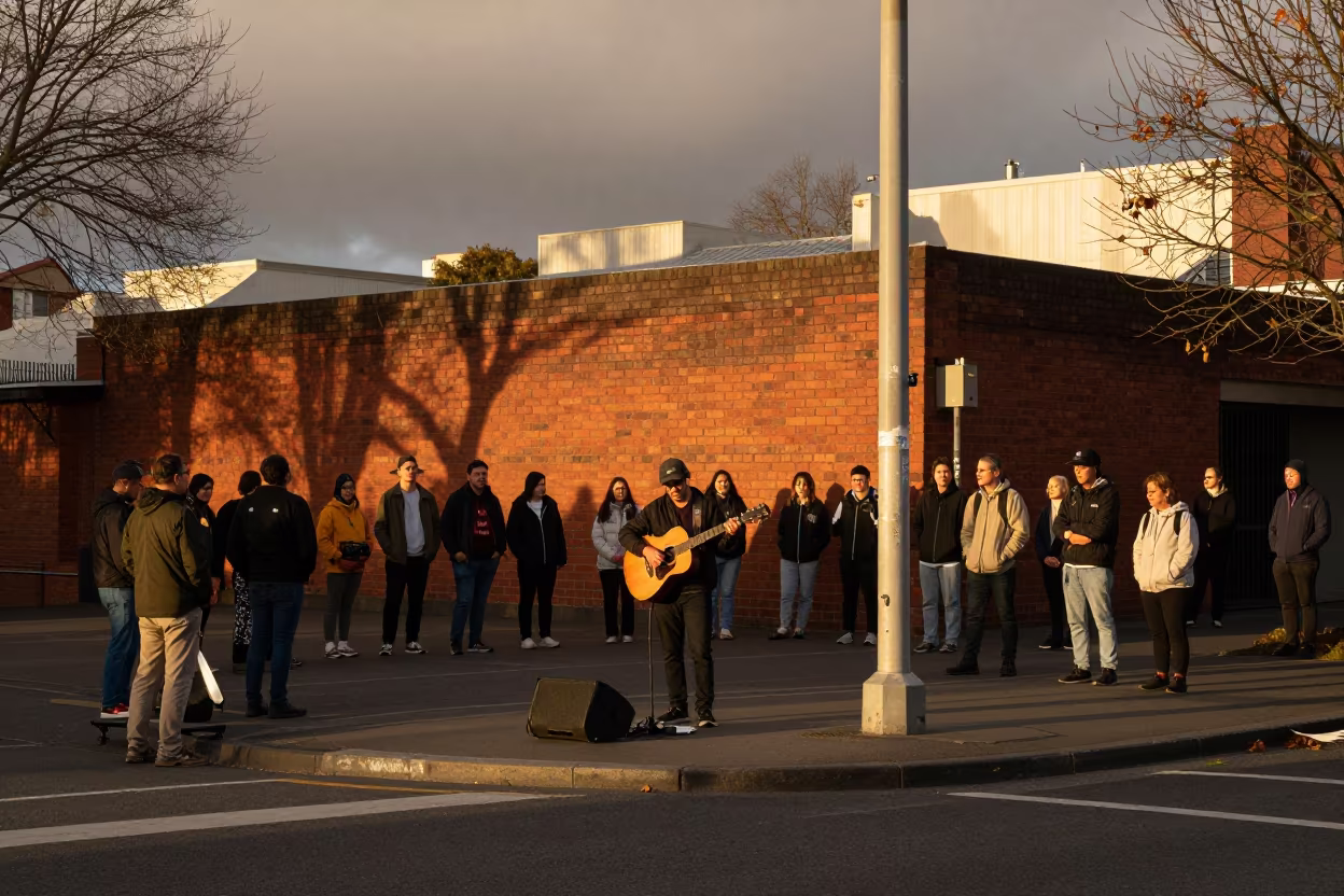 Busker Playing Guitar in Brisbane Golden Hour in at a street corner busking spot in Brisbane
