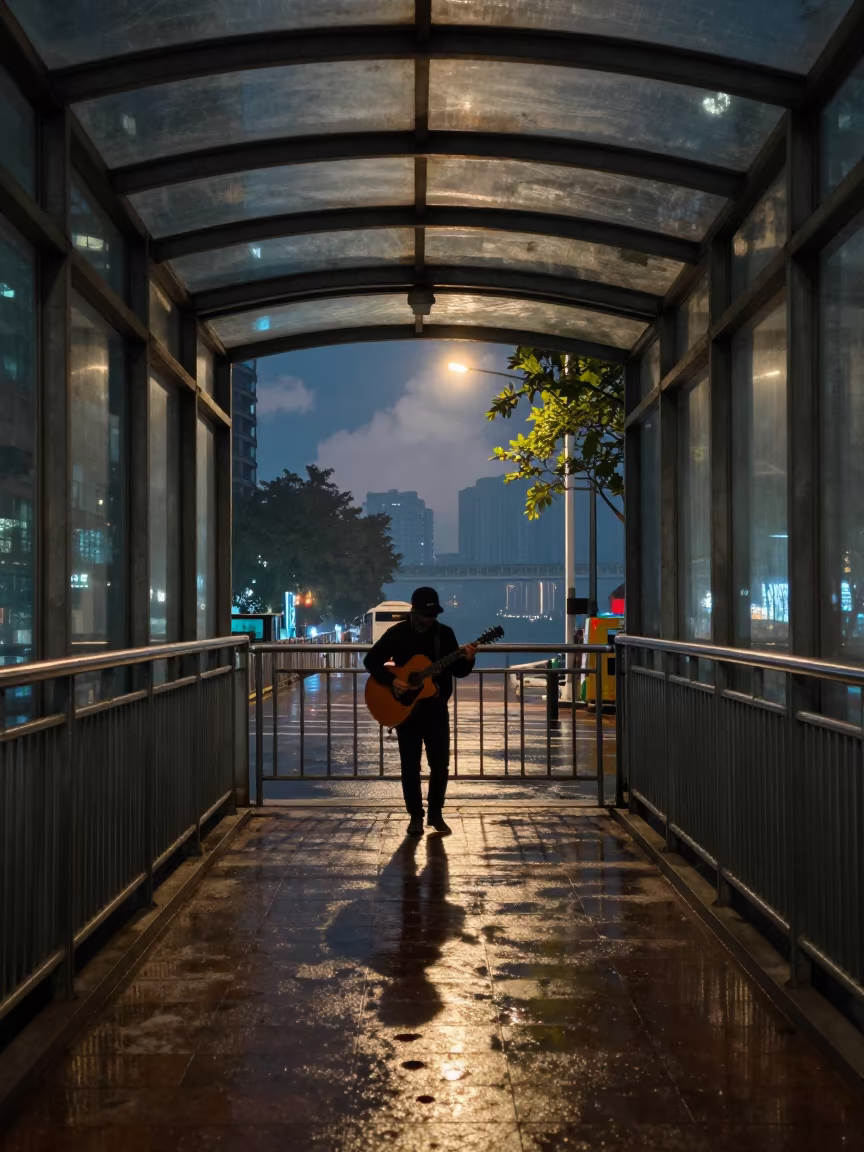 Busker in London Underground Chongqing Arcade in inside a glass-roofed arcade in Chongqing