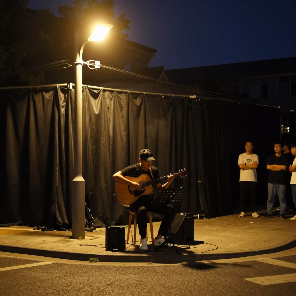 Busker Plays Guitar Under Streetlights in Jinan Night in at a street corner busking spot in Jinan