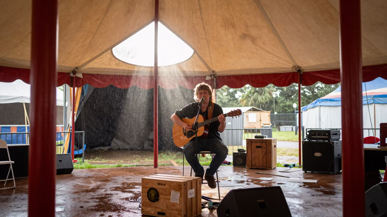 Busker singing folk songs under circus tent in under a circus tent in Glebe, Sydney