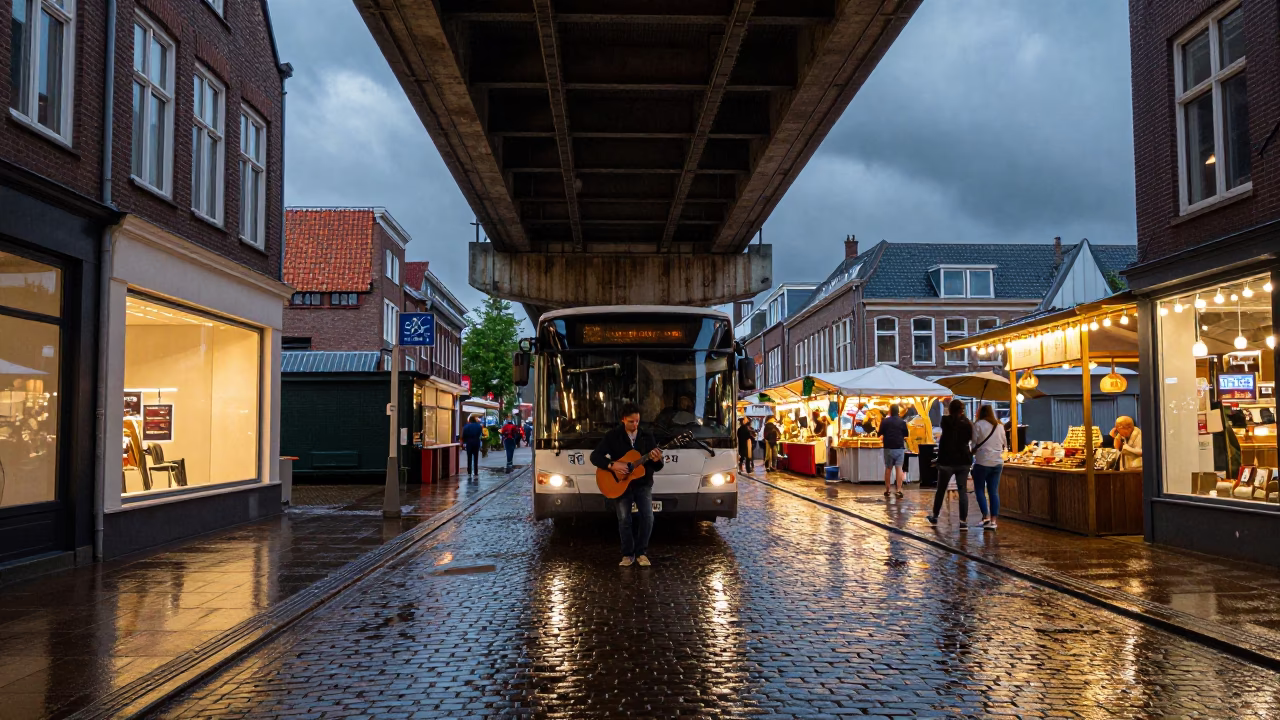 Busker Under Overpass Rain Evening Groningen in along a market-lined side street in Groningen