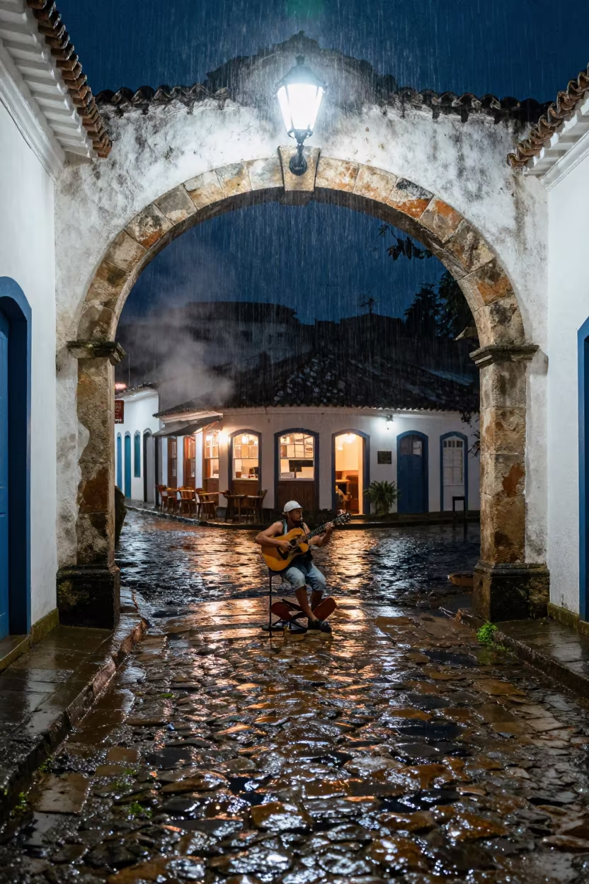 Busker Under Paraty Drips Midnight Rain in outside a corner cafe in Paraty