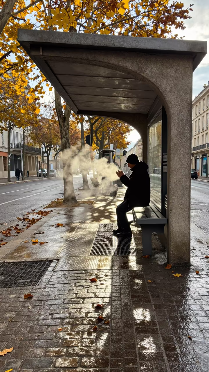 Busker Under Tram Stop in Autumn Rain in at a tram stop in Marseille
