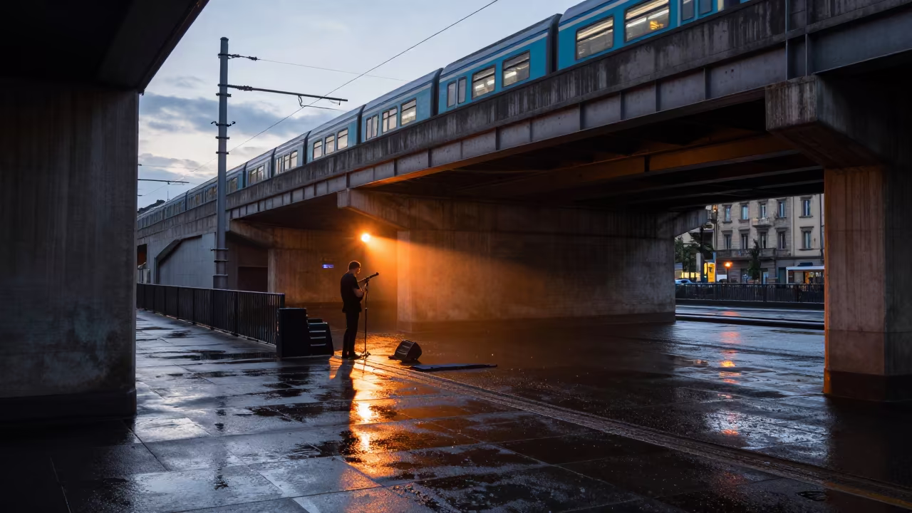 Busker Under Turin Train Line at Twilight in under an elevated train line in Turin