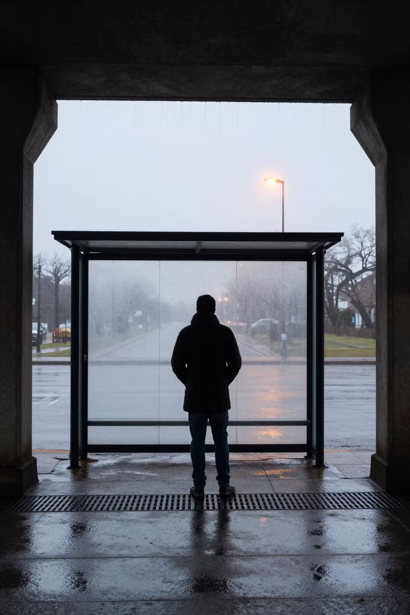 Busker Underpass Dawn Okene Steamed Light in beside a steamed-up bus shelter in Okene