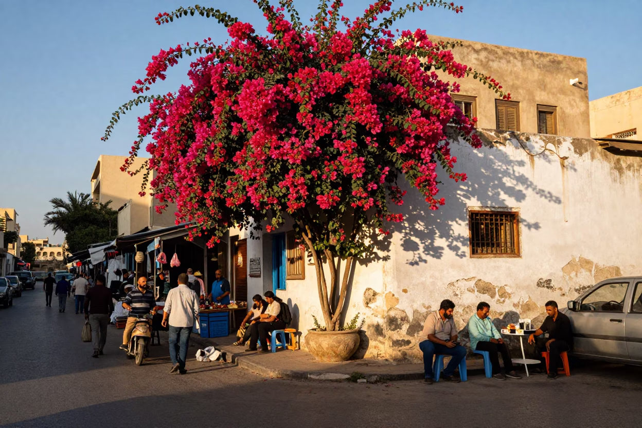 Bustling Alexandria Street Scene with Bougainvillea and Local Market Activity in Late Afternoon Light in in Alexandria, Egypt