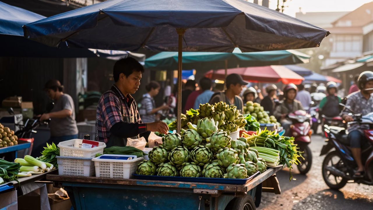 Bustling Bangkok Street Market Stall with Fresh Vegetables and Morning Commuters in in Bangkok, Thailand