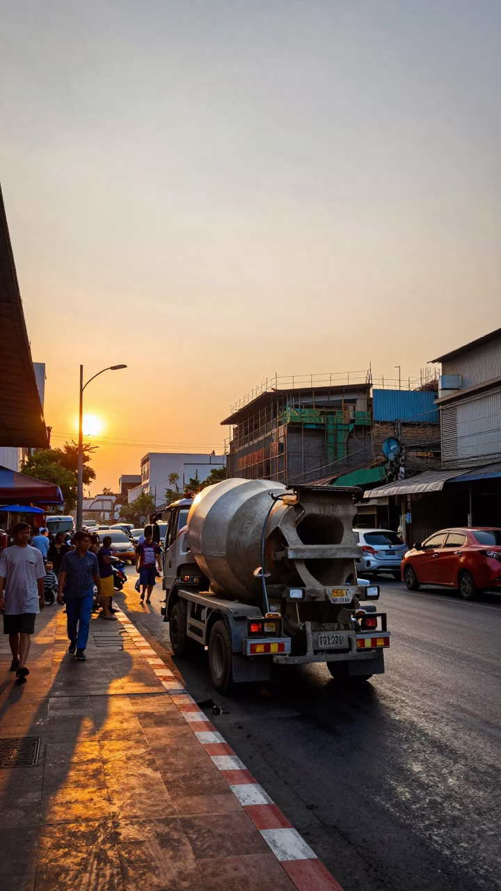 Bustling Bangkok Street Scene at Sunset with Construction Activity and Urban Life in in Bangkok, Thailand