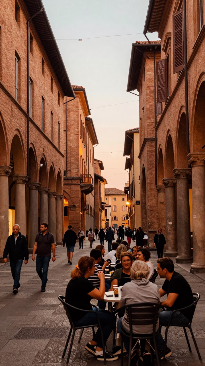 Bustling Bologna Evening Street Scene with Traditional Architecture and Local Diners in in Bologna, Italy