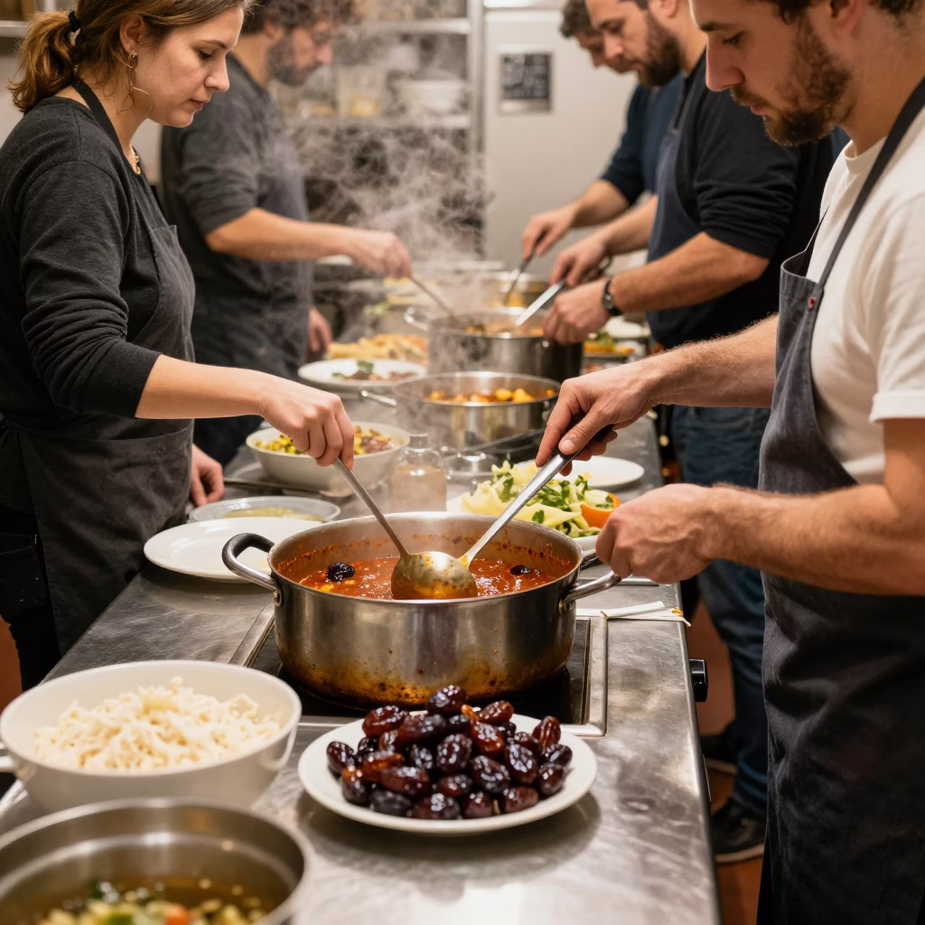 Bustling Bologna Italian Kitchen Late Morning Cooking Scene with Ladle and Fresh Ingredients in in Bologna, Italy