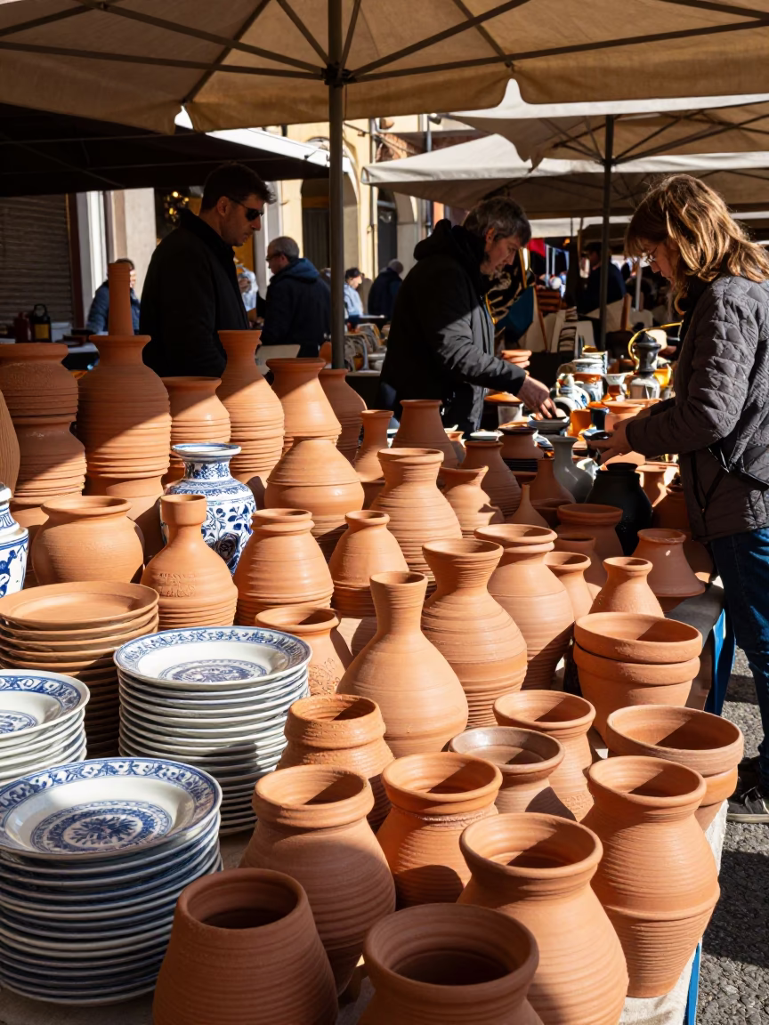 Bustling Bologna Market Stall with Porcelain Plates and Terracotta Pots in Midmorning Light in in Bologna, Italy