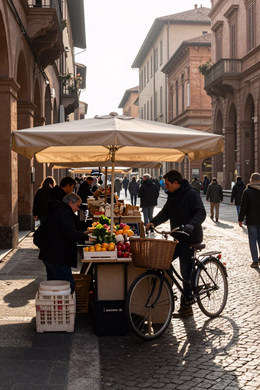Bustling Bologna Morning Market Scene with Bicycle Basket and Local Produce in in Bologna, Italy