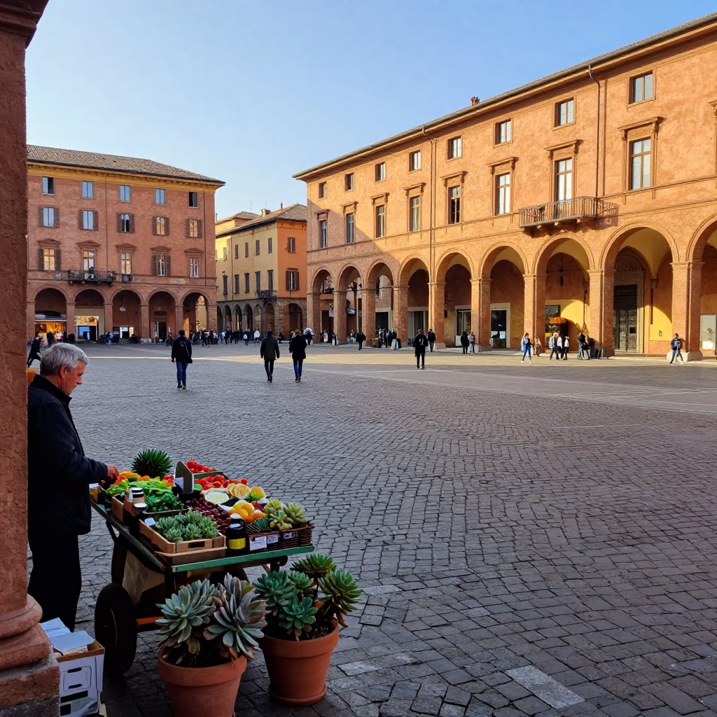Bustling Bologna Piazza in Early Afternoon with Potted Succulents and Local Life in in Bologna, Italy
