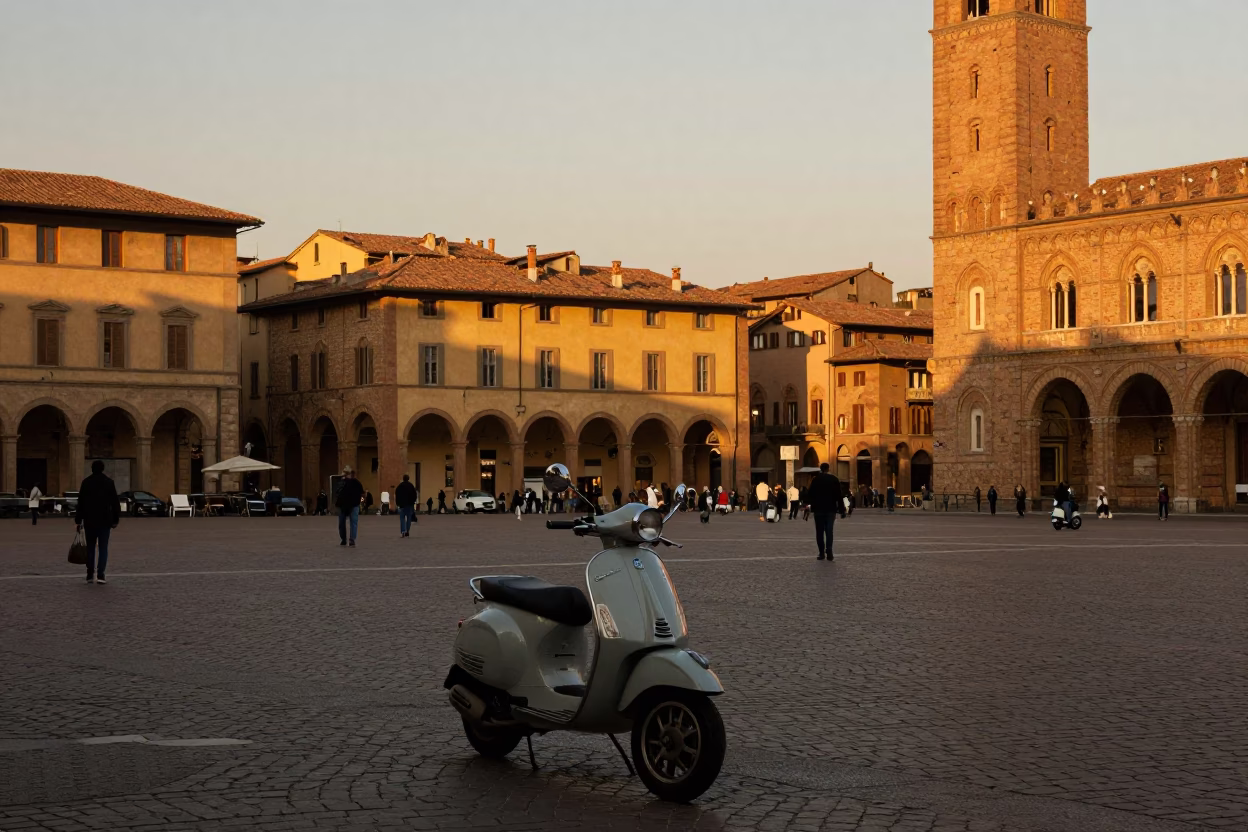 Bustling Bologna Piazza Maggiore Evening Scene with Vintage Scooter and Traditional Architecture in in Bologna, Italy