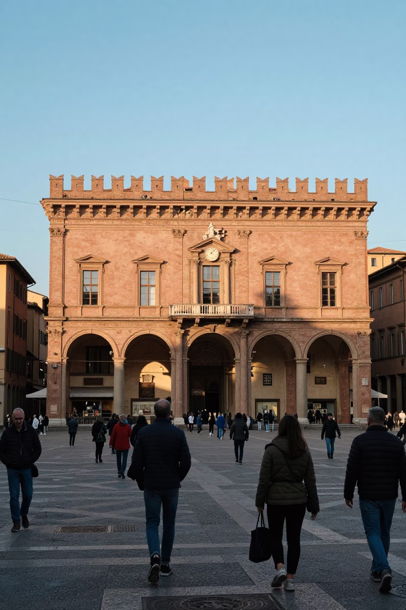 Bustling Bologna Piazza Maggiore late afternoon street scene with locals and historic architecture in in Bologna, Italy