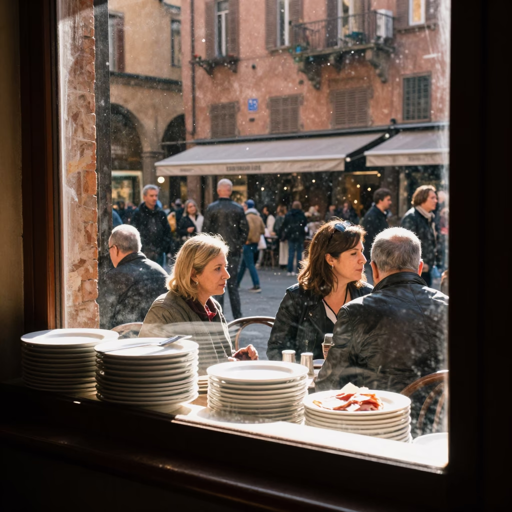 Bustling Bologna Street Cafe Early Afternoon with Stacked Plates and Local Life in in Bologna, Italy