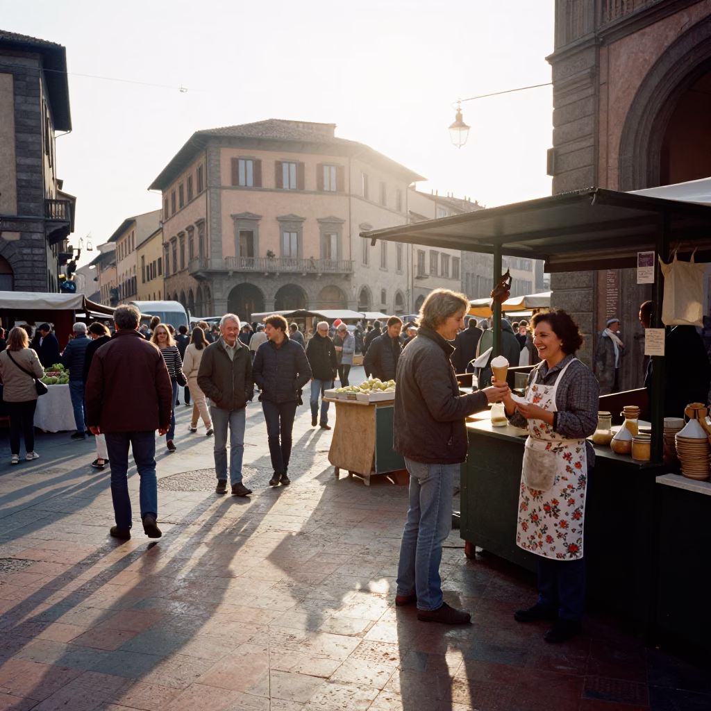 Bustling Bologna Street Corner After Sunrise with Local Market Activity in in Bologna, Italy