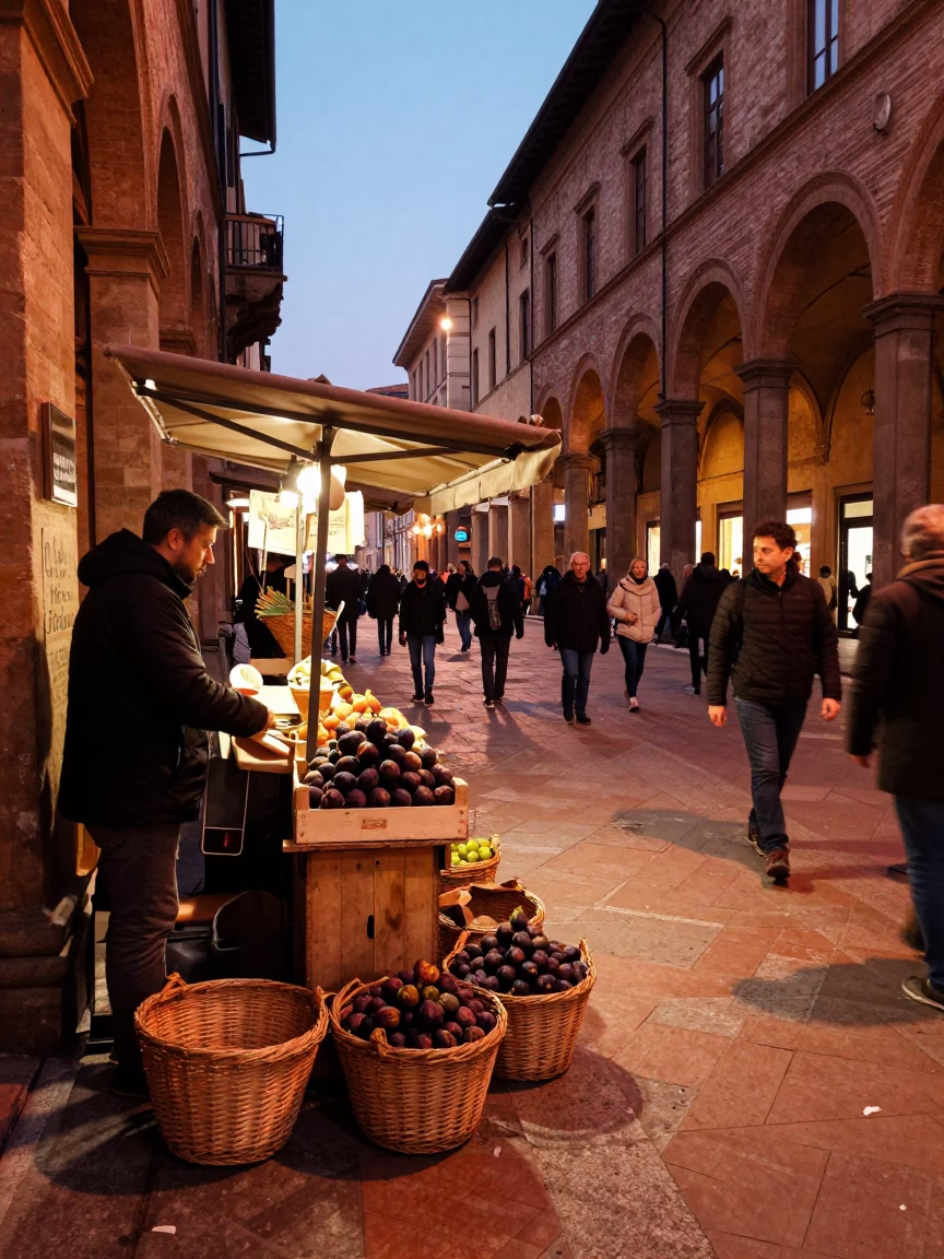 Bustling Bologna Street Corner Before Dusk with Woven Baskets and Fig Vendors in in Bologna, Italy