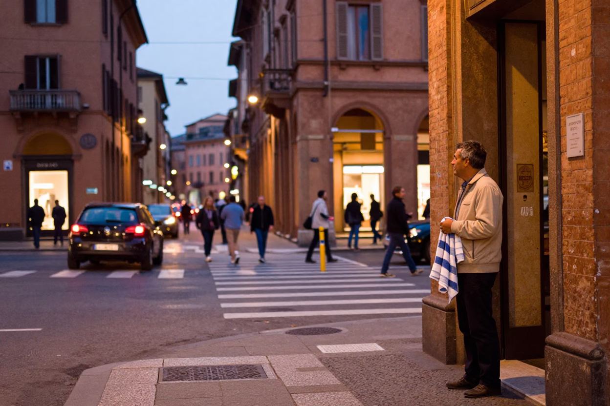 Bustling Bologna Street Corner Early Evening Scene with Local Life and Urban Details in in Bologna, Italy