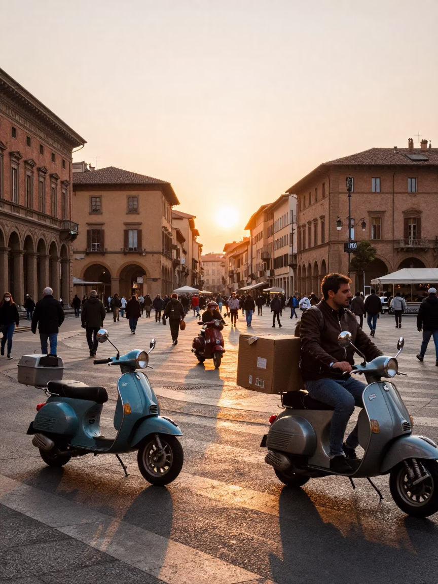 Bustling Bologna Street Scene at Sunset with Vintage Scooters and Local Life in in Bologna, Italy