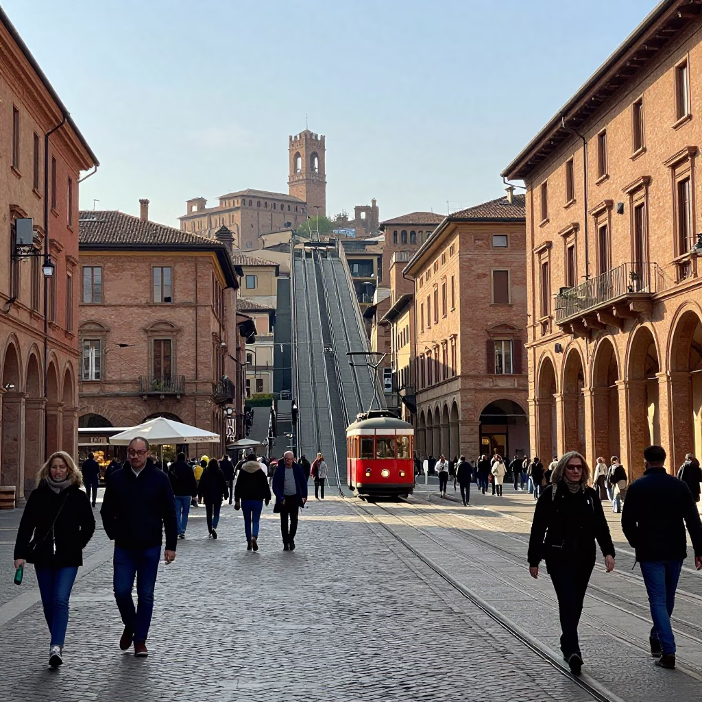 Bustling Bologna Street Scene Early Afternoon with Funicular Climb and Local Life in in Bologna, Italy