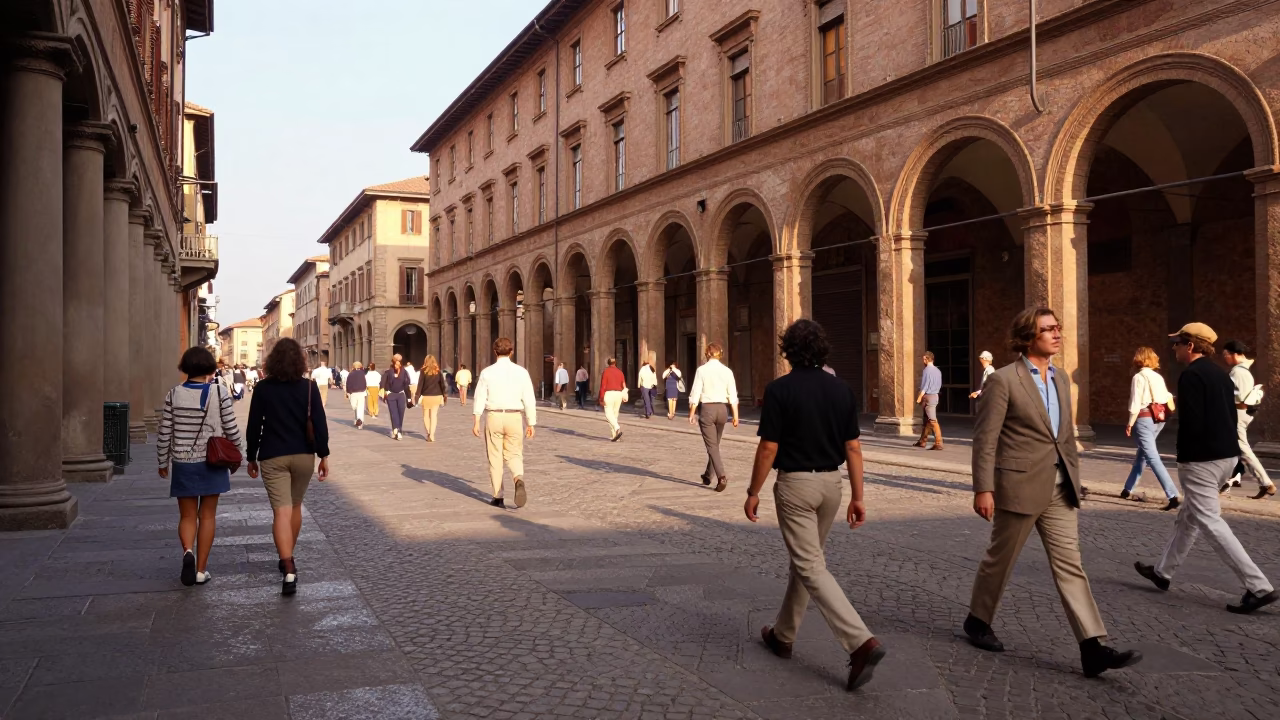 Bustling Bologna Street Scene Early Afternoon with Vintage 1980s Ambiance and Local Details in in Bologna, Italy