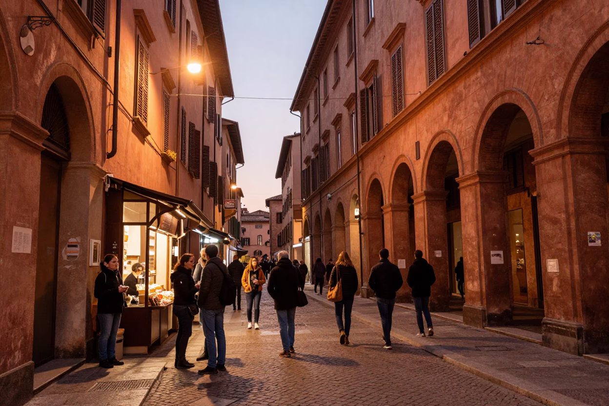 Bustling Bologna Street Scene in Copper Dusk Light with Local Shopkeepers and Traditional Architecture in in Bologna, Italy