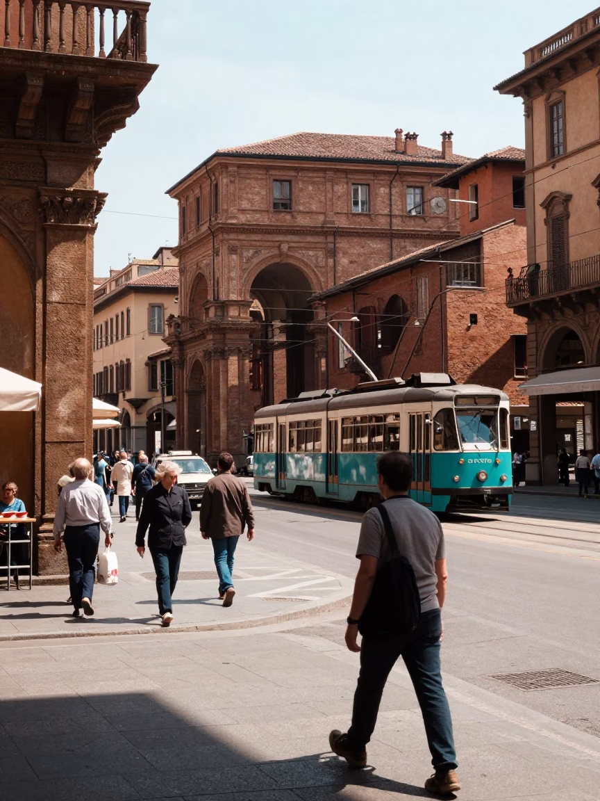Bustling Bologna Street Scene Under Flat Noon Light with Turquoise Tram and Historic Portico in in Bologna, Italy