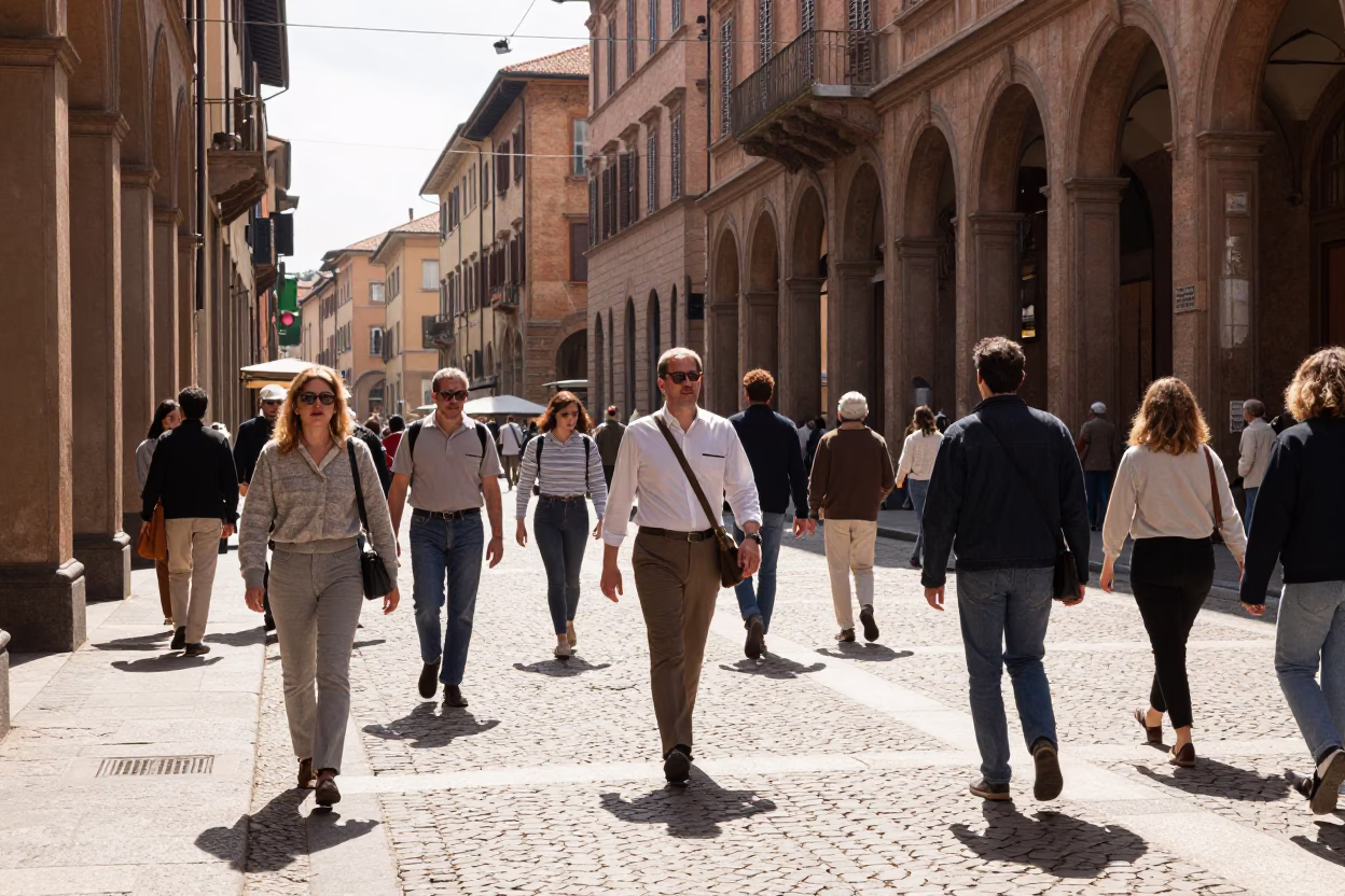 Bustling Bologna Street Scene Under Flat Noon Light with Vintage 1970s Details in in Bologna, Italy