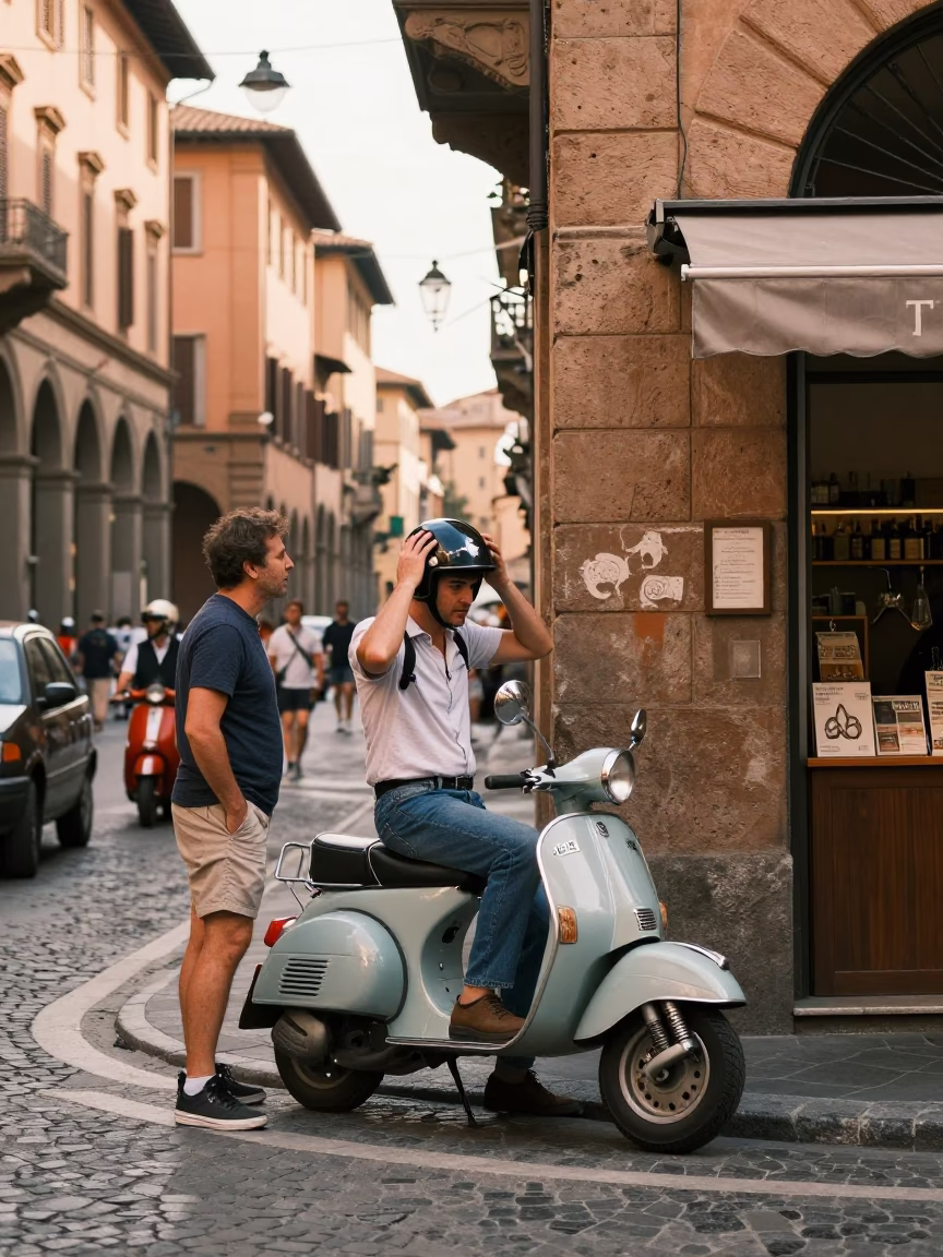 Bustling Bologna Street Scene with Vintage 1960s Charm and Local Life in in Bologna, Italy