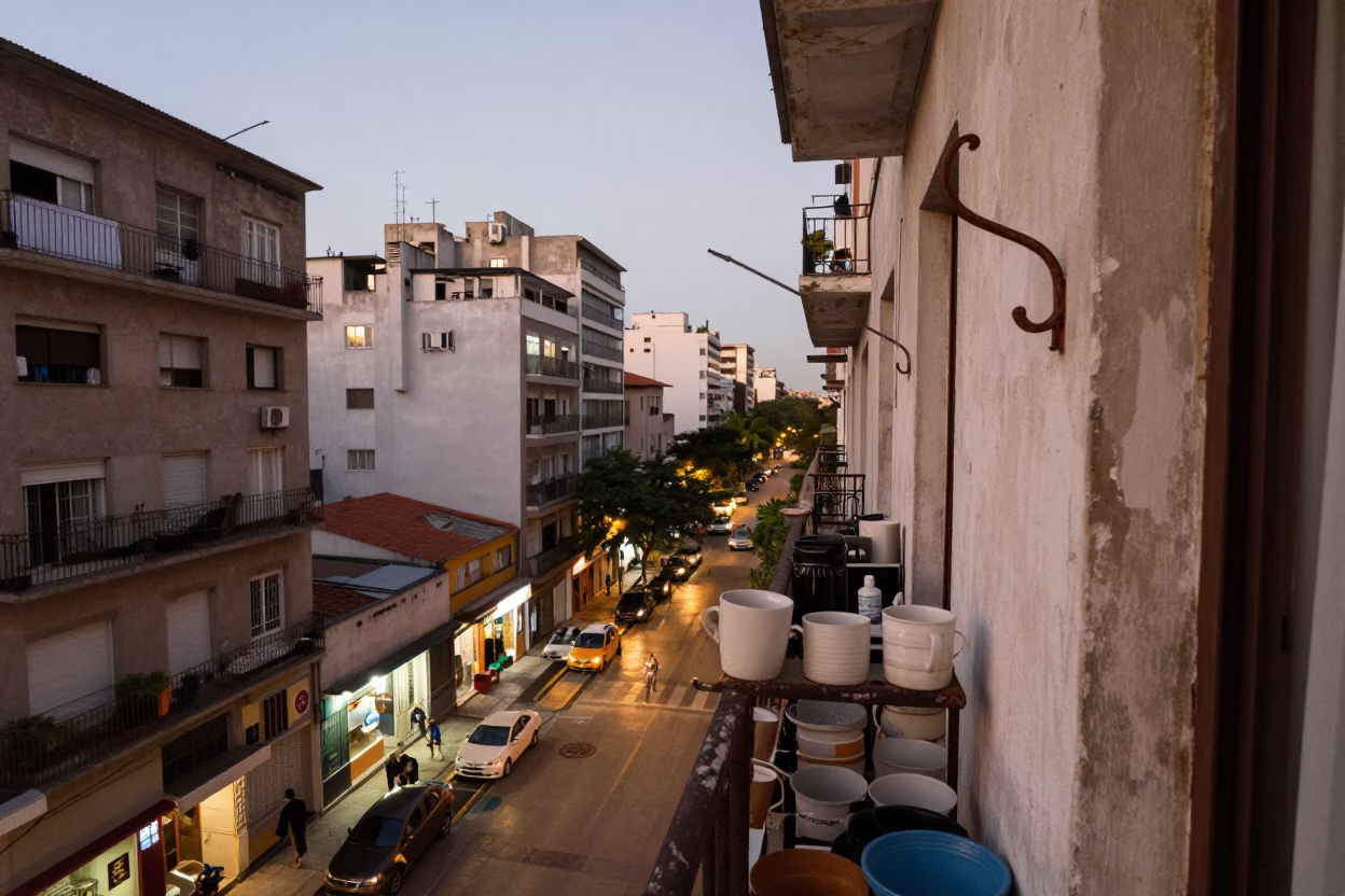 Bustling Buenos Aires Apartment Balcony Evening View with Ceramic Mugs and Houseplant in in Buenos Aires, Argentina