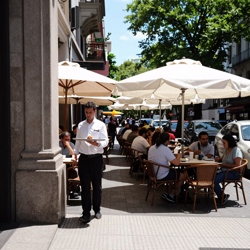 Bustling Buenos Aires Cafe Terrace at Midday with Umbrellas and Daily Ledger in in Buenos Aires, Argentina