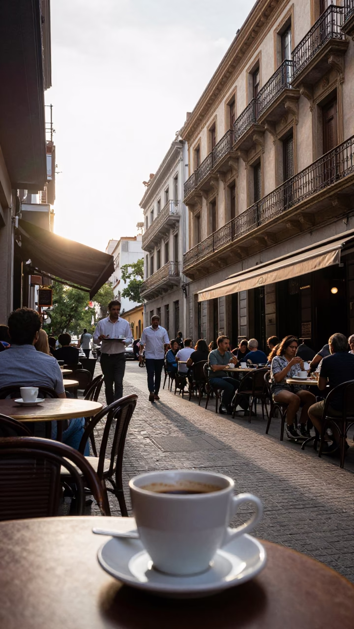Bustling Buenos Aires Cafe Terrace at Sunrise with Ceramic Cup and Cherry Stall in in Buenos Aires, Argentina