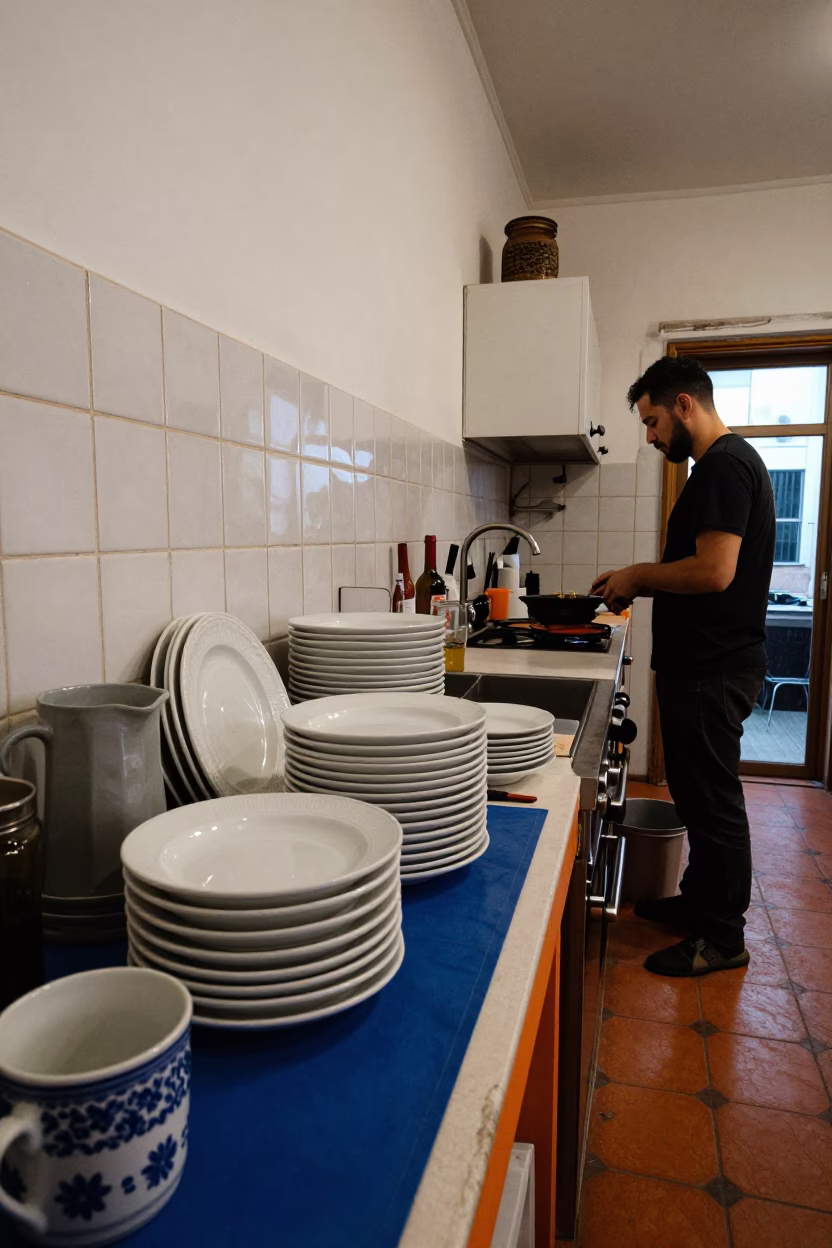 Bustling Buenos Aires Kitchen Counter with Blue Porcelain and Orange Cat in in Buenos Aires, Argentina