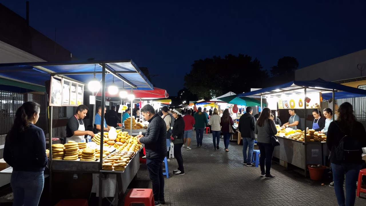 Bustling Buenos Aires Night Market Stall with Arepas and Cheese Under Deep Night Sky in in Buenos Aires, Argentina
