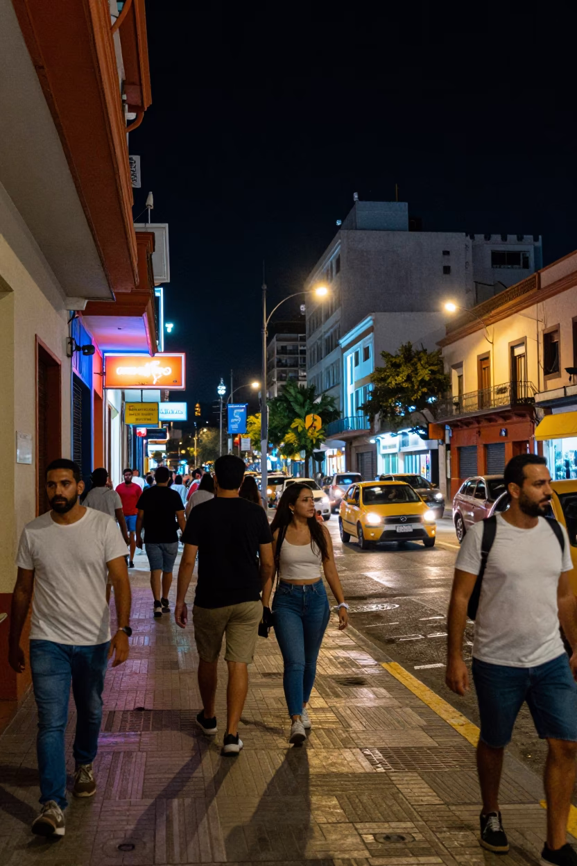 Bustling Buenos Aires Night Street Scene with Colorful Facades and Busy Traffic in in Buenos Aires, Argentina