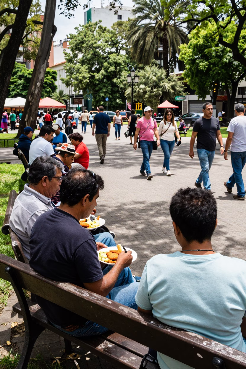 Bustling Buenos Aires Park Bench Scene at Midday with Local Diners in in Buenos Aires, Argentina