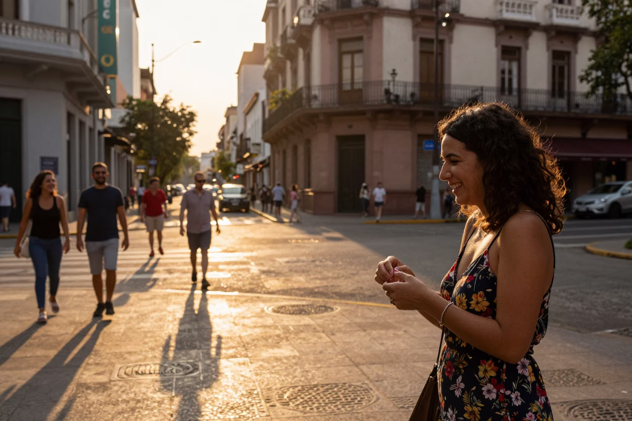 Bustling Buenos Aires Street Corner in Honeyed Evening Light with Pedestrians and Architecture in in Buenos Aires, Argentina
