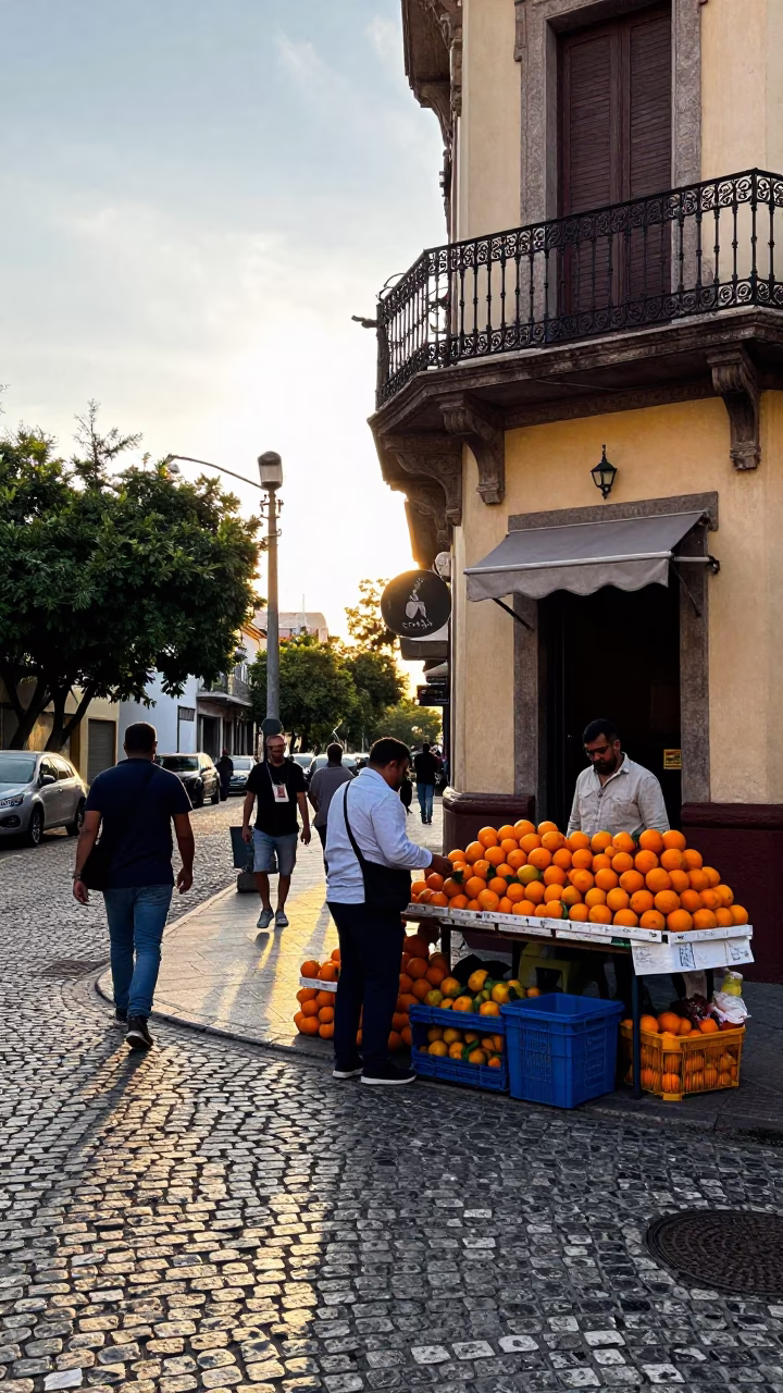 Bustling Buenos Aires Street Corner with Oranges and Local Commerce in in Buenos Aires, Argentina