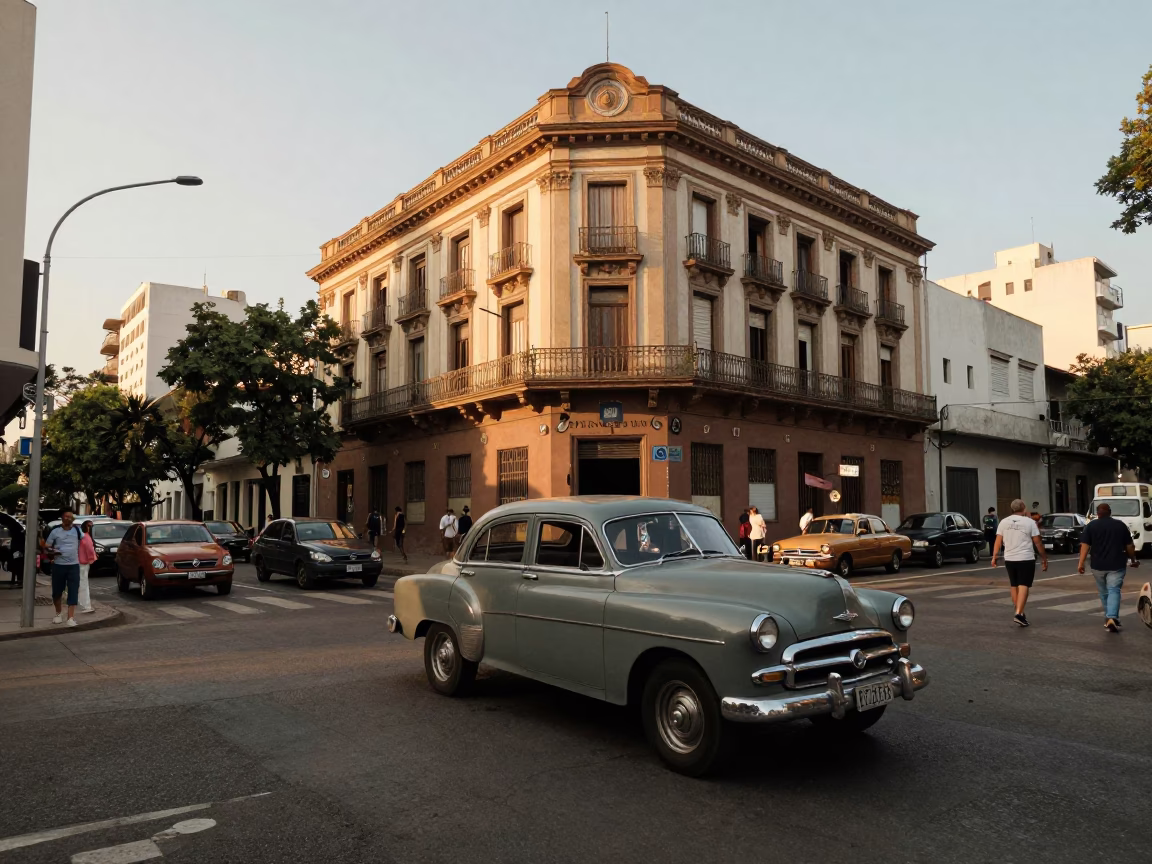 Bustling Buenos Aires Street Corner with Vintage Car and Ladle in Honeyed Evening Light in in Buenos Aires, Argentina