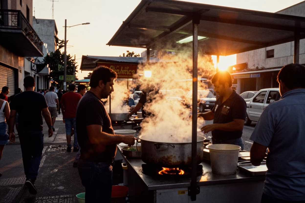 Bustling Buenos Aires Street Food Stall at Sunset with Steaming Pot and Terracotta Succulents in in Buenos Aires, Argentina