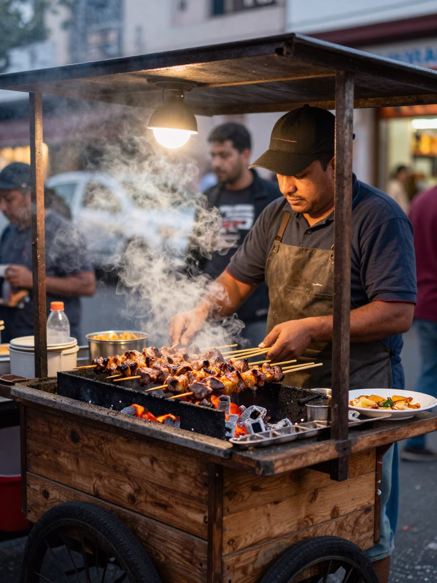 Bustling Buenos Aires Street Food Stall with Sate Skewers in Golden Evening Light in in Buenos Aires, Argentina