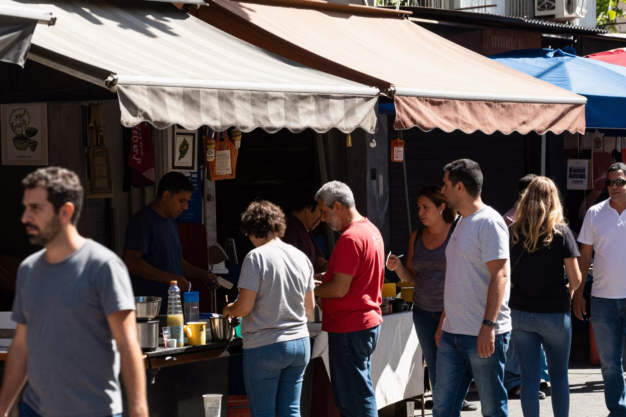 Bustling Buenos Aires Street Market Stall Under Flat Noon Sunlight with Umbrellas in in Buenos Aires, Argentina
