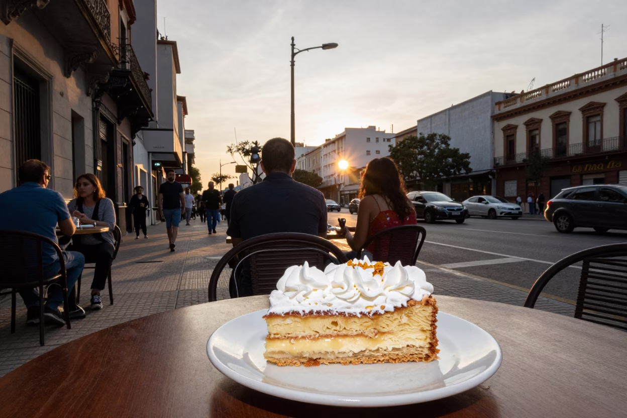 Bustling Buenos Aires Street Scene at Sunset with Satchertorte and Local Life in in Buenos Aires, Argentina
